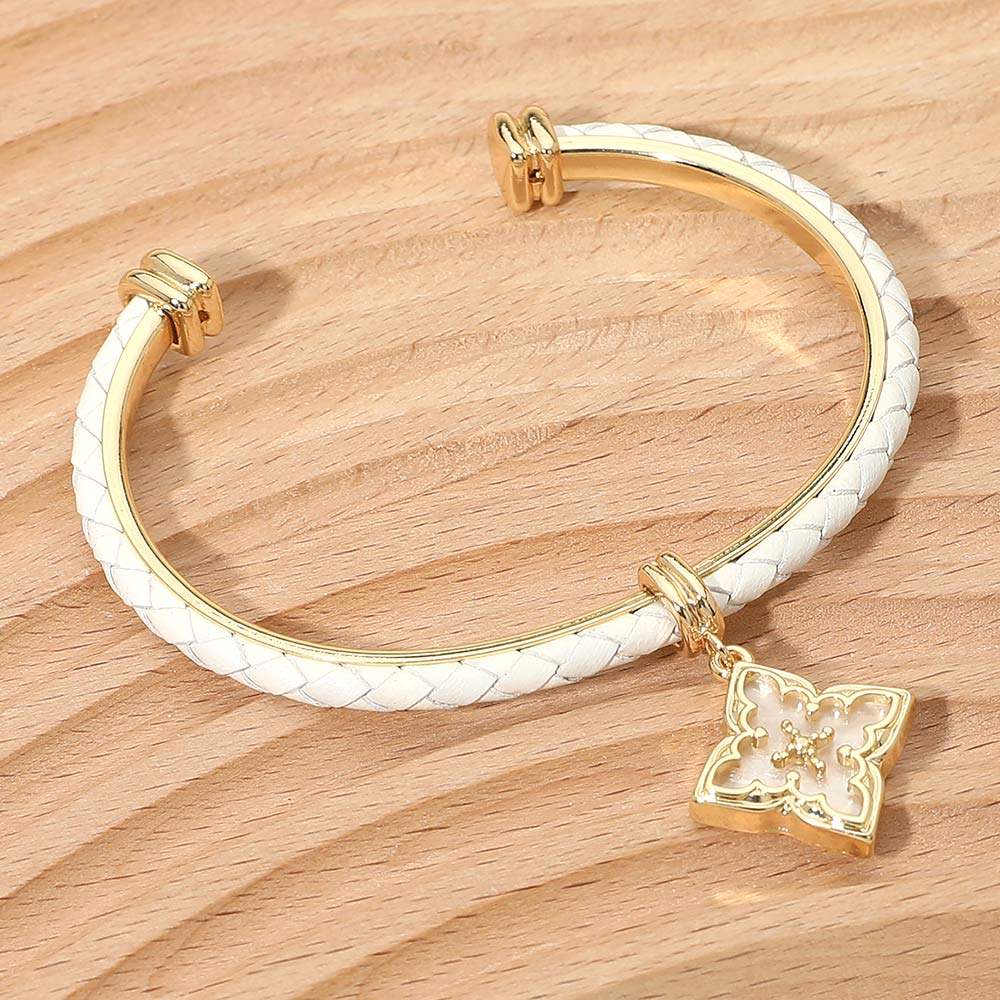 Floral Charm Accent Faux Leather Braided Cuff Bracelet - Madeline Love - Flyclothing LLC