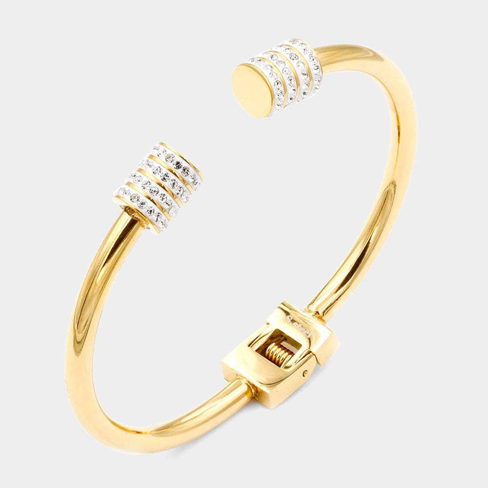 Rhinestone Embellished Tip Stainless Steel Cuff Evening Bracelet - Madeline Love - Flyclothing LLC