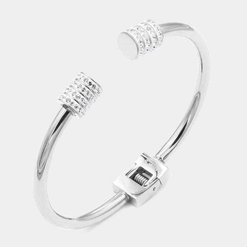 Rhinestone Embellished Tip Stainless Steel Cuff Evening Bracelet - Madeline Love - Flyclothing LLC