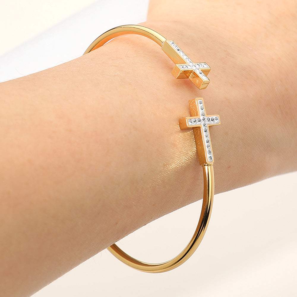 Stainless Steel Stone Paved Cross Tip Cuff Bracelet - Madeline Love - Flyclothing LLC