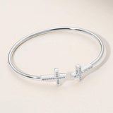 Stainless Steel Stone Paved Cross Tip Cuff Bracelet - Madeline Love - Flyclothing LLC