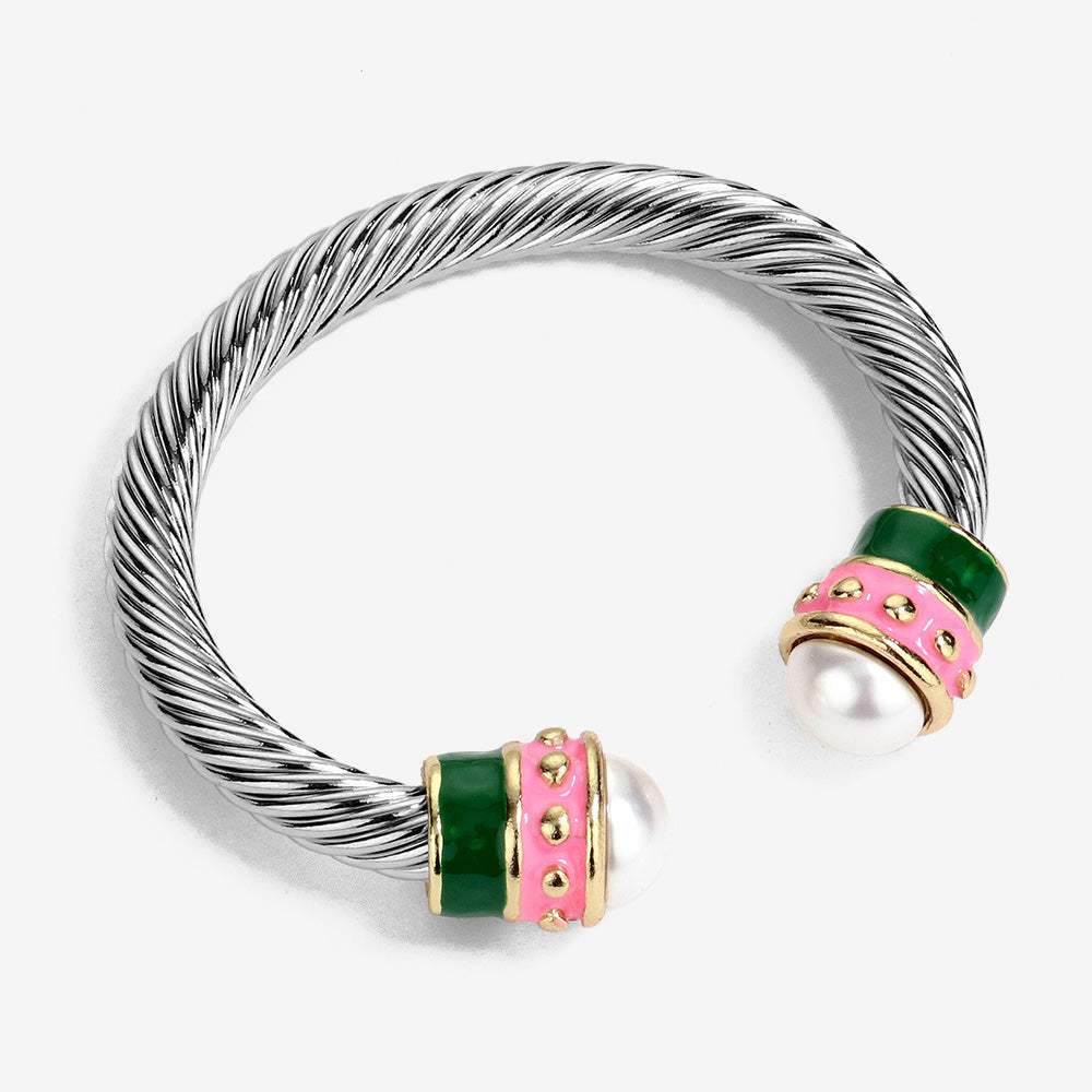 Pearl Tip Enamel Two Tone Cuff Bracelet - Madeline Love - Flyclothing LLC