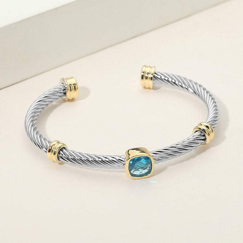 Square Stone Bezel Accent Two Tone Twisted Cable Cuff Bracelet - Madeline Love - Flyclothing LLC