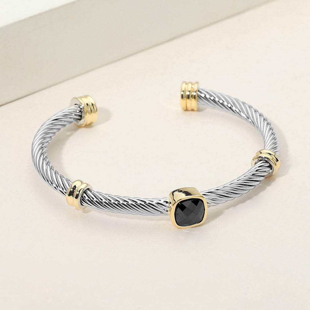 Square Stone Bezel Accent Two Tone Twisted Cable Cuff Bracelet - Madeline Love - Flyclothing LLC