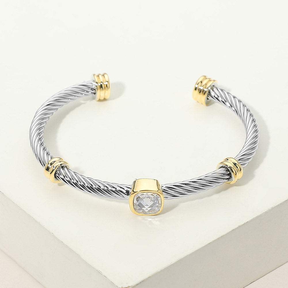 Square Stone Bezel Accent Two Tone Twisted Cable Cuff Bracelet - Madeline Love - Flyclothing LLC