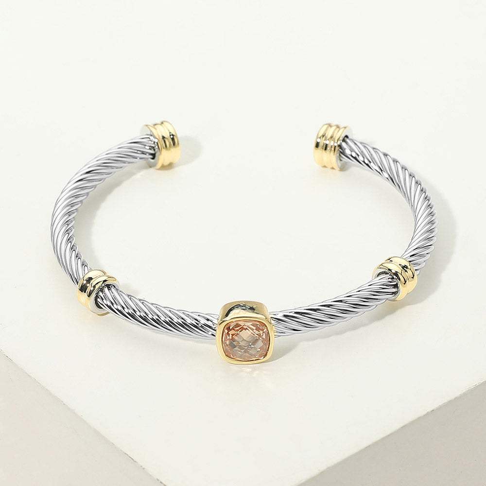 Square Stone Bezel Accent Two Tone Twisted Cable Cuff Bracelet - Madeline Love - Flyclothing LLC