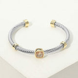 Square Stone Bezel Accent Two Tone Twisted Cable Cuff Bracelet - Madeline Love - Flyclothing LLC
