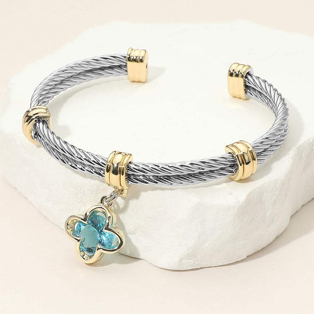 CZ Stone Quatrefoil Charm Dangle Cuff Bracelet - Madeline Love - Flyclothing LLC