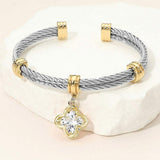 CZ Stone Quatrefoil Charm Dangle Cuff Bracelet - Madeline Love - Flyclothing LLC
