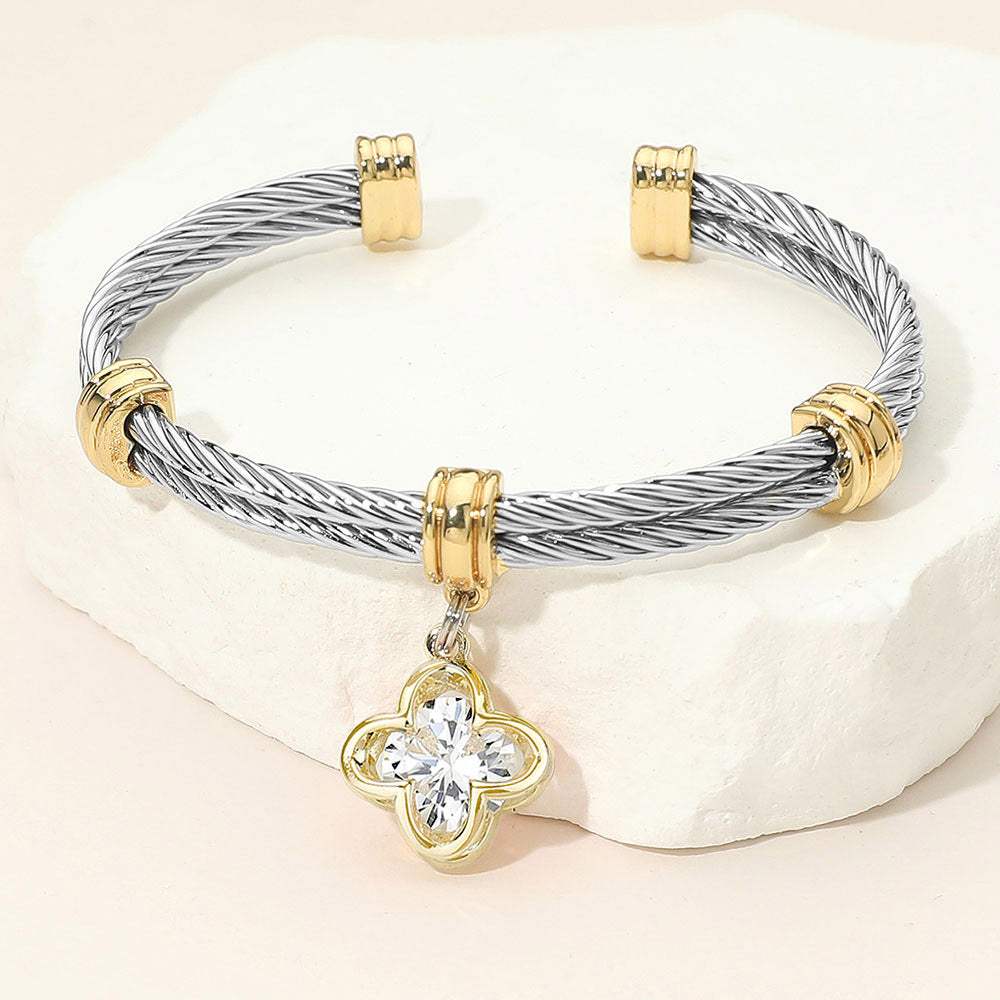 CZ Stone Quatrefoil Charm Dangle Cuff Bracelet - Madeline Love - Flyclothing LLC