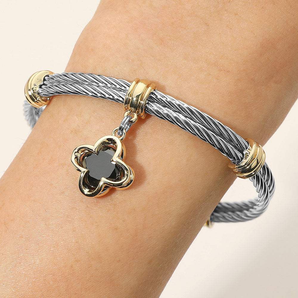 CZ Stone Quatrefoil Charm Dangle Cuff Bracelet - Madeline Love - Flyclothing LLC