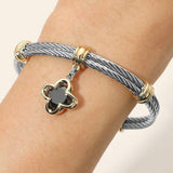 CZ Stone Quatrefoil Charm Dangle Cuff Bracelet - Madeline Love - Flyclothing LLC