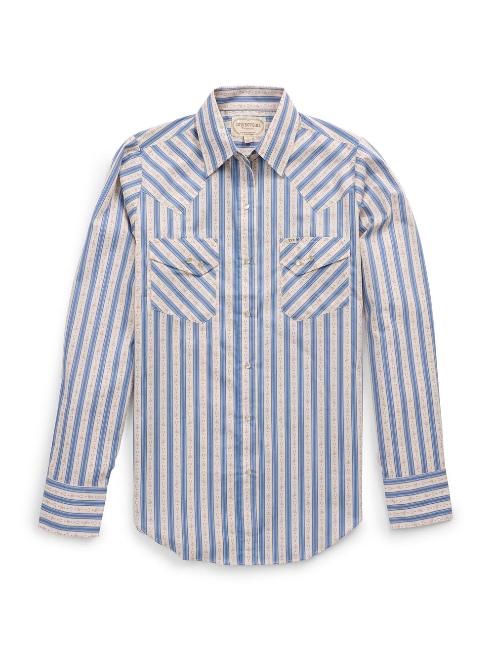 Women's Cowboygirl Horseshoe Cowboy Blue Stripe Print Granddaddy Snap Shirt
