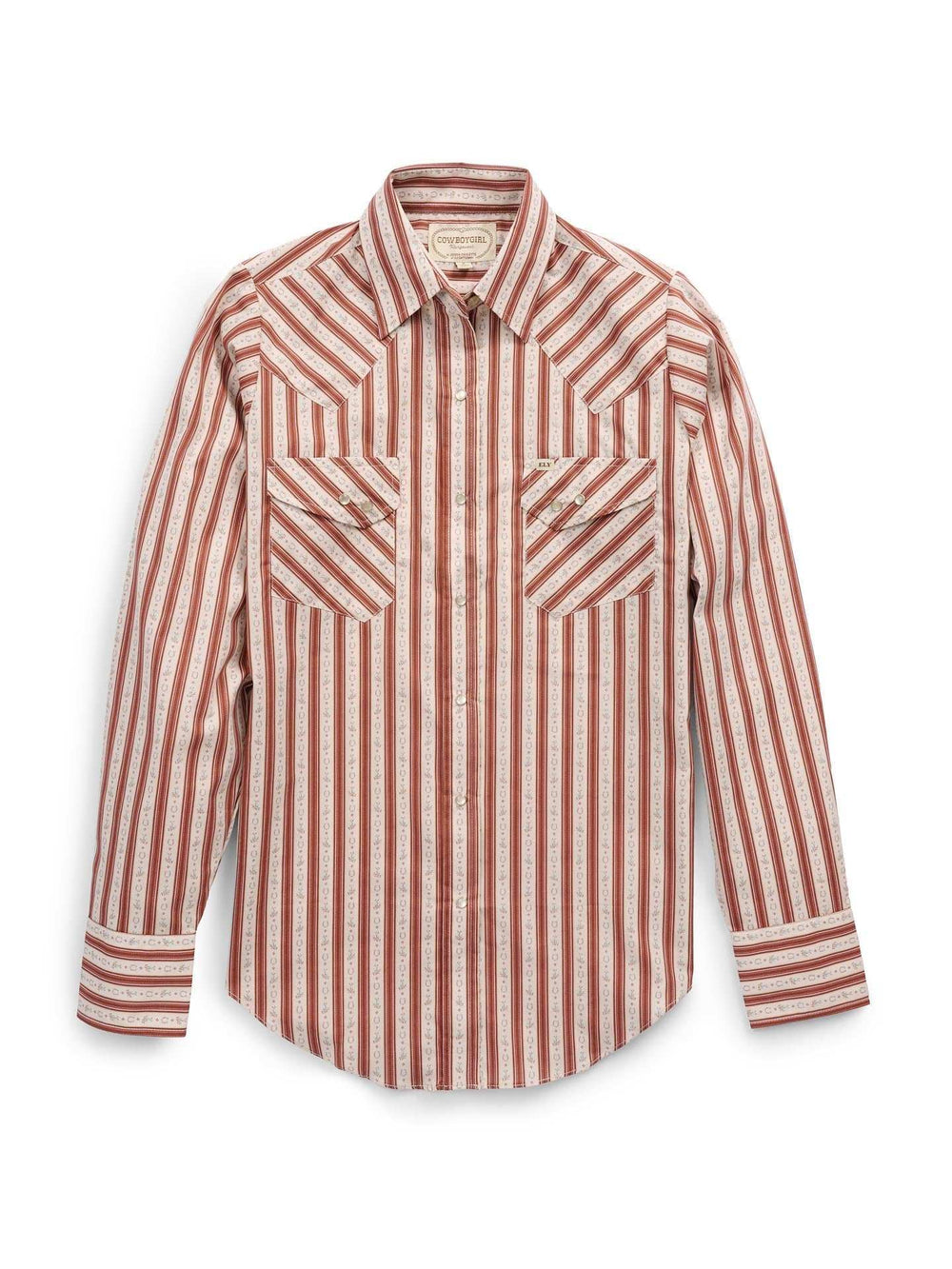 Women's Cowboygirl Ranch Rig Rust Horseshoe Stripe Print Granddaddy Snap Shirt