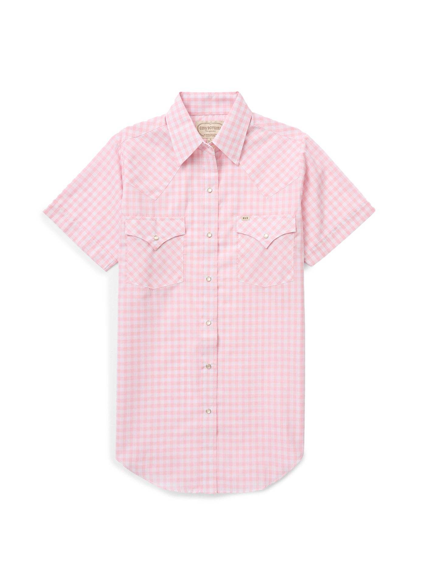 Women's Cowboygirl Blossom Pink Gingham Short Sleeve Granddaddy Snap Shirt - Ely Cattleman - Flyclothing LLC