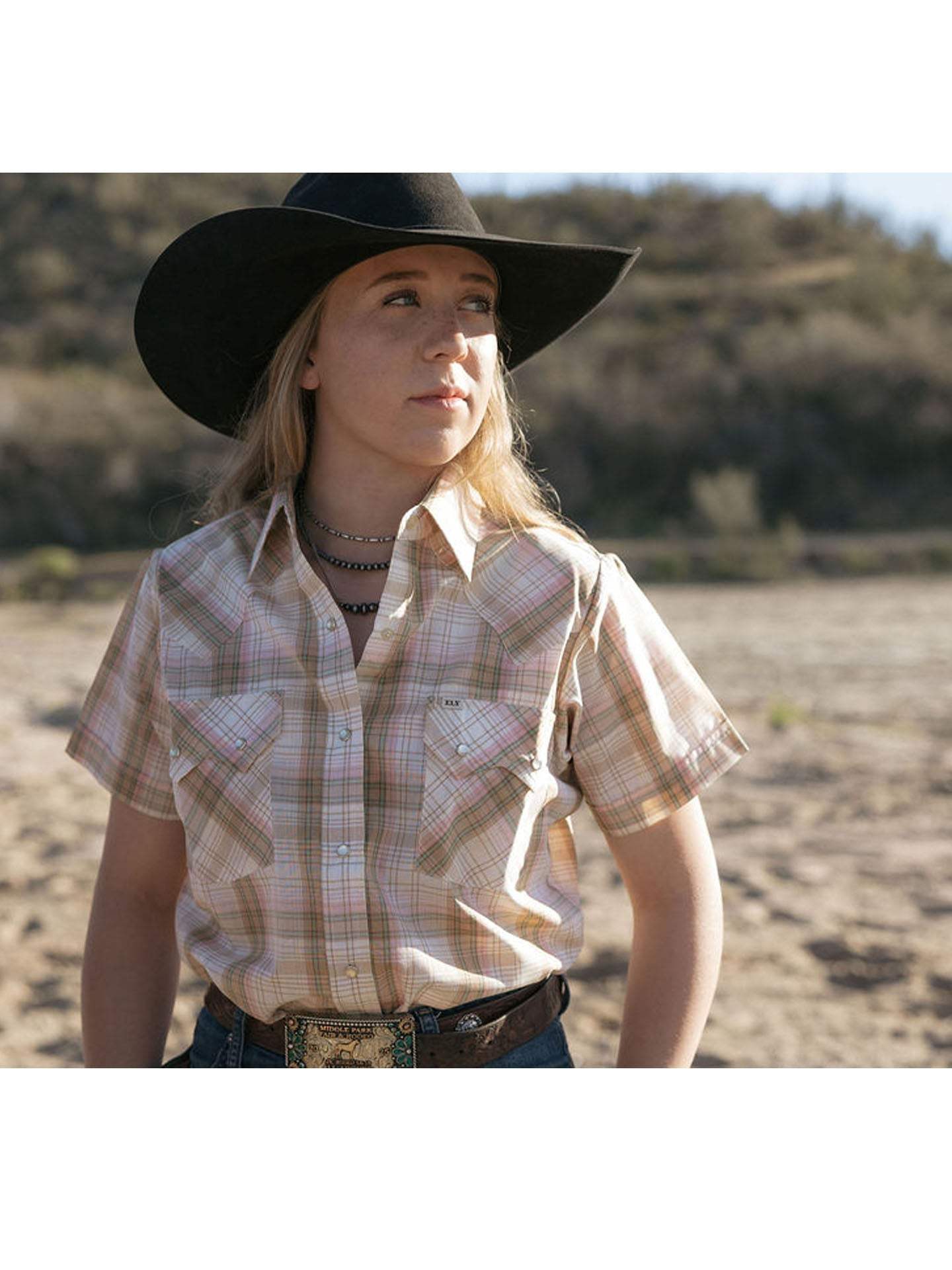 Women's Cowboygirl Buttermilk Plaid Short Sleeve Granddaddy Snap Shirt - Ely Cattleman - Flyclothing LLC