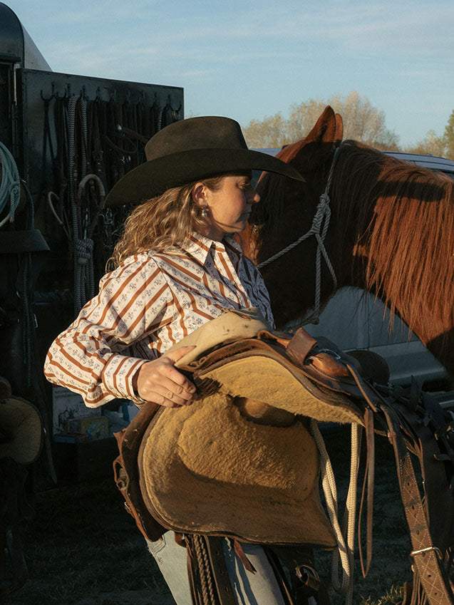 Women's Cowboygirl Ranch Rig Rust Rose Stripe Print Granddaddy Snap Shirt - Ely Cattleman - Flyclothing LLC