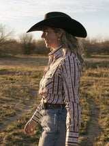 Women's Cowboygirl Ranch Rig Rust Rose Stripe Print Granddaddy Snap Shirt - Ely Cattleman - Flyclothing LLC