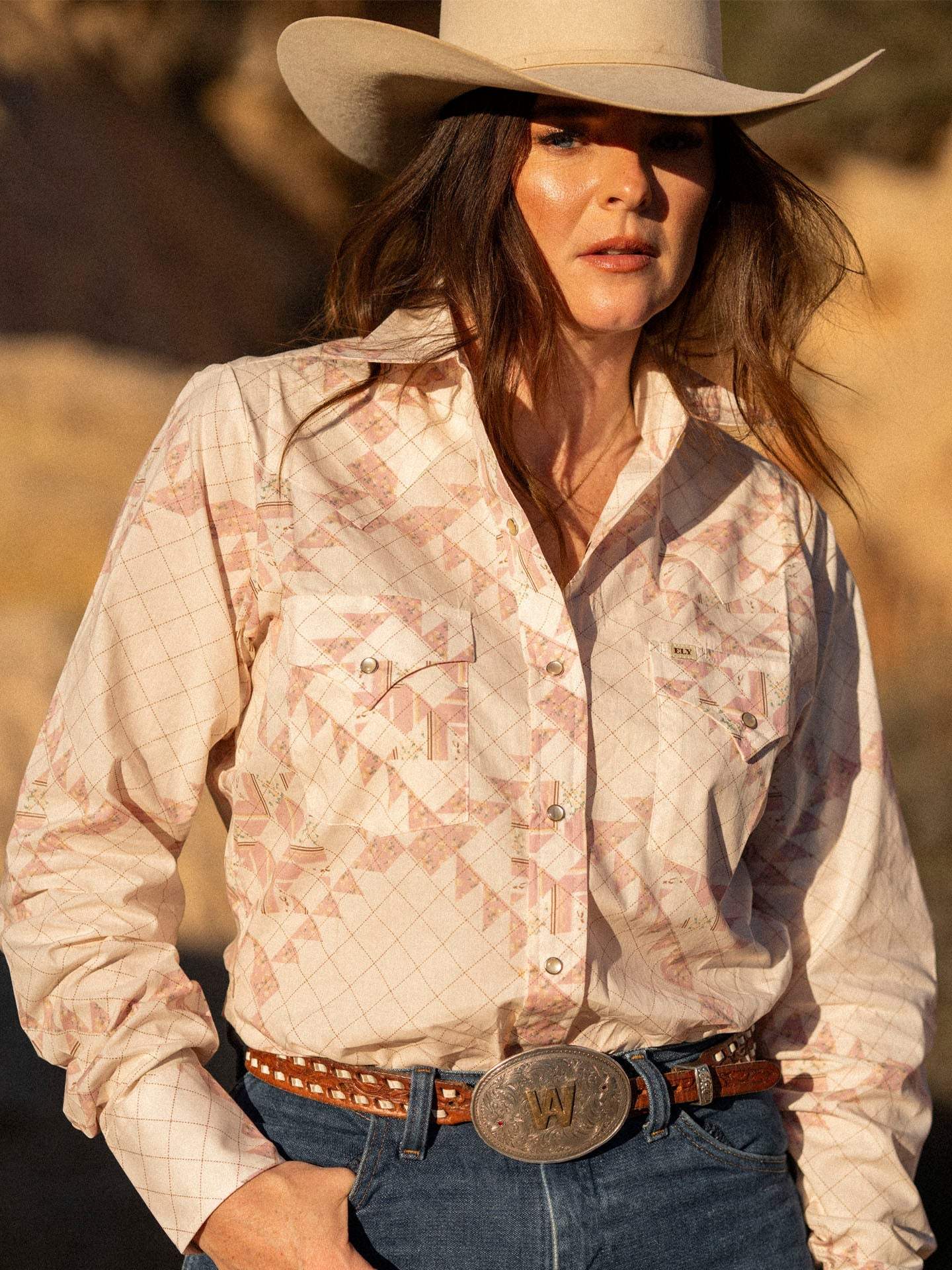 Women's Cowboygirl Blossom Pink Quilt Print Granddaddy Snap Shirt - Ely Cattleman - Flyclothing LLC
