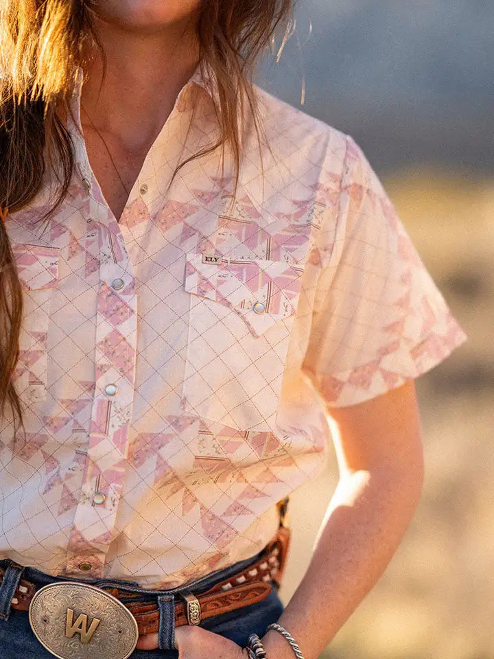 Women's Cowboygirl Blossom Pink Quilt Short Sleeve Granddaddy Snap Shirt - Ely Cattleman - Flyclothing LLC