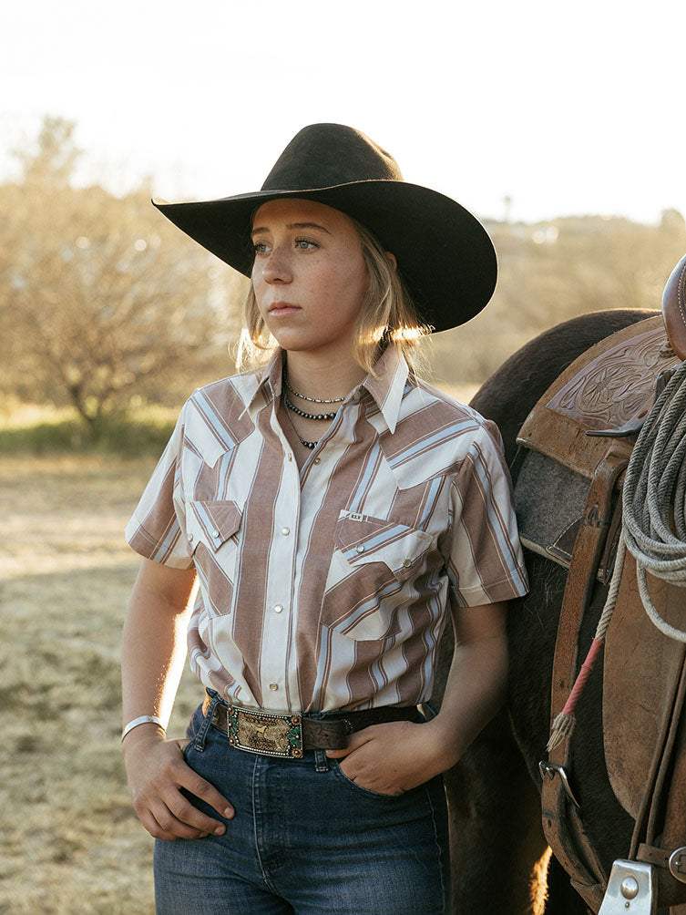 Women's Cowboygirl Ranch Rig Rust Stripe Short Sleeve Granddaddy Snap Shirt - Ely Cattleman - Flyclothing LLC