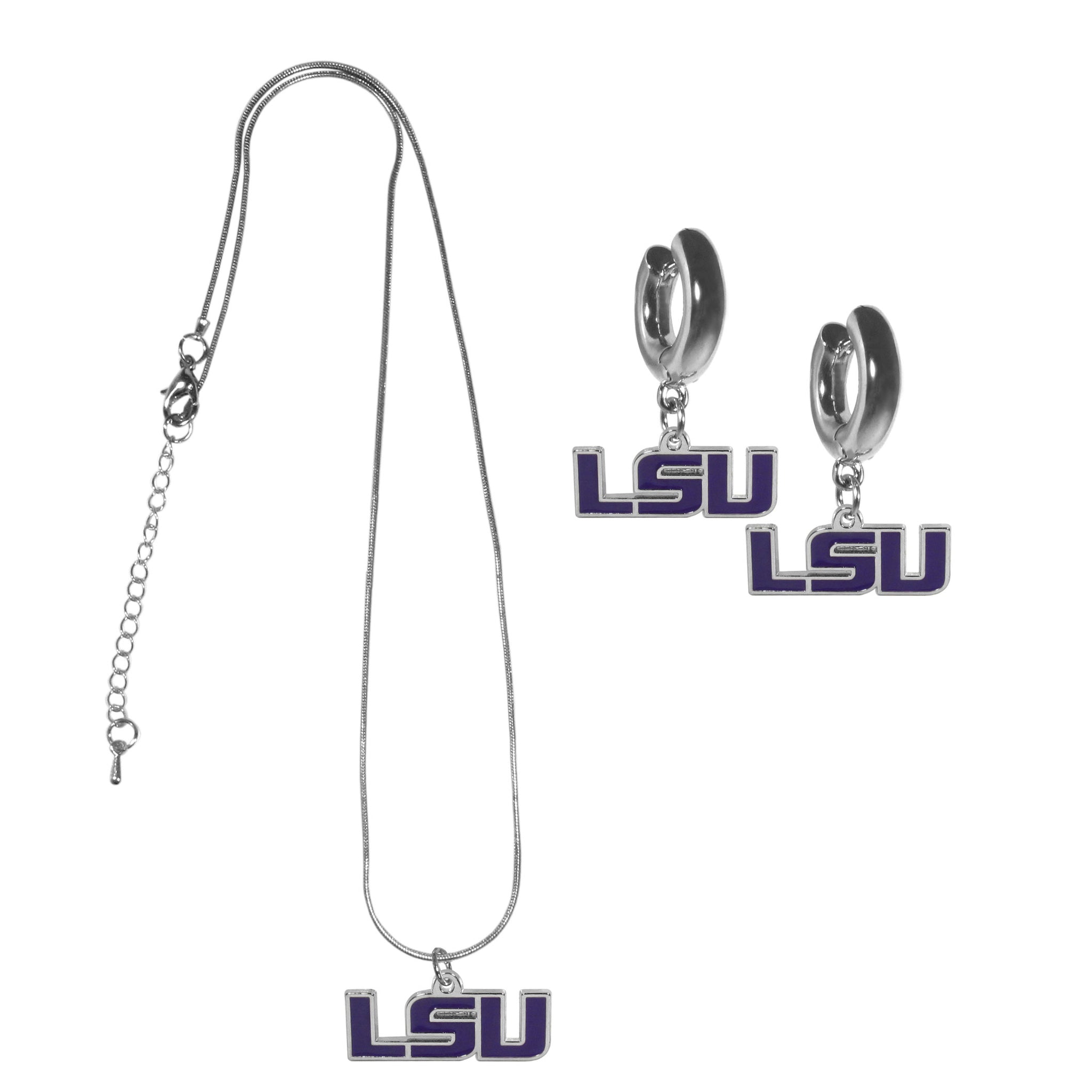 LSU Tigers Huggie Hoop Earrings and Necklace Set