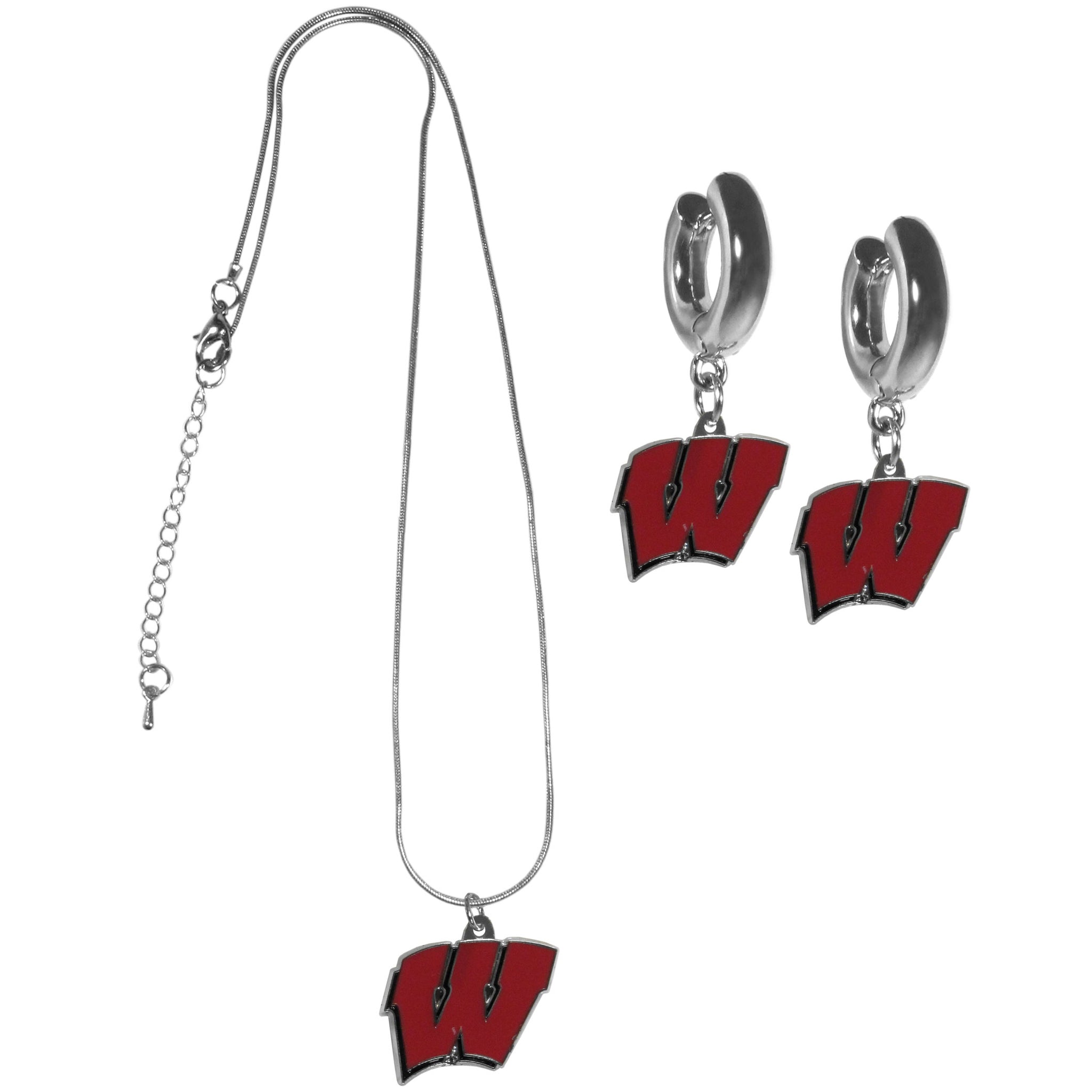 Wisconsin Badgers Huggie Hoop Earrings and Necklace Set