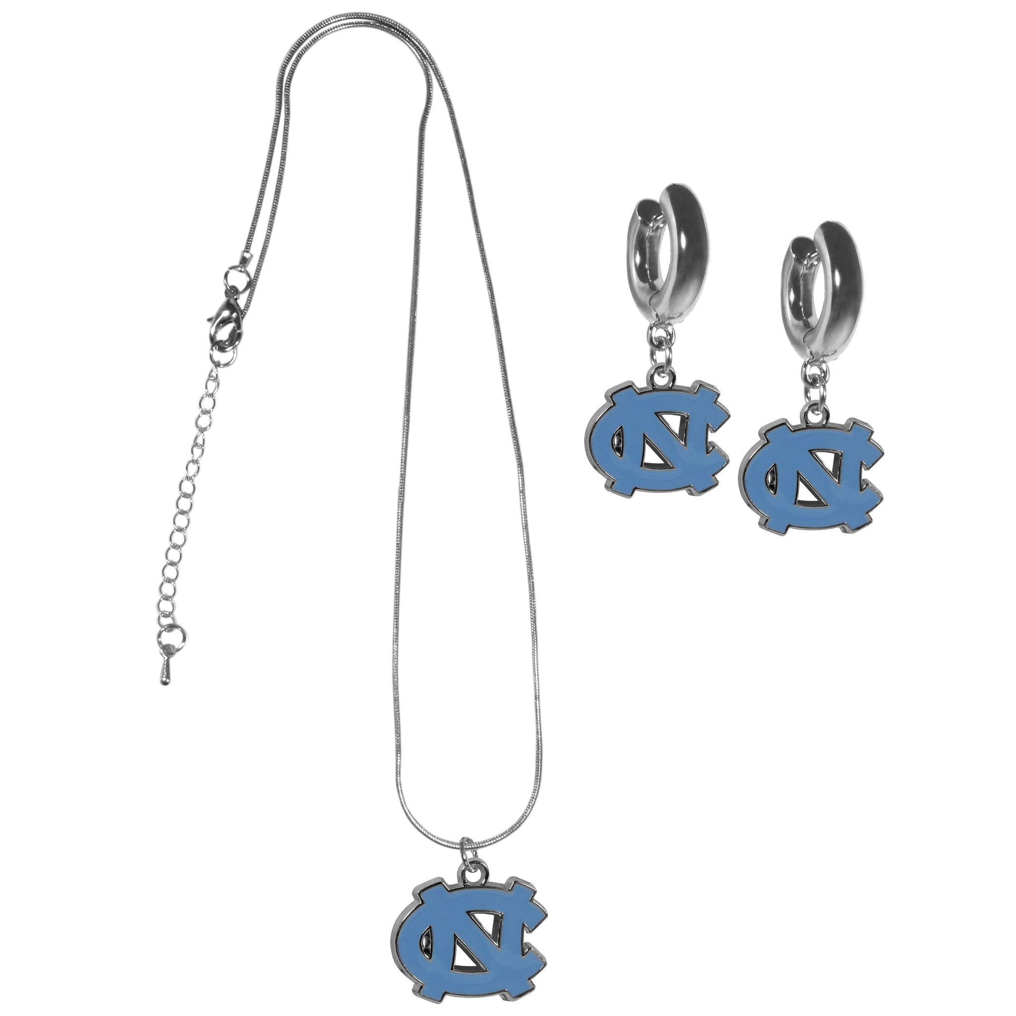 N. Carolina Tar Heels Huggie Hoop Earrings and Necklace Set