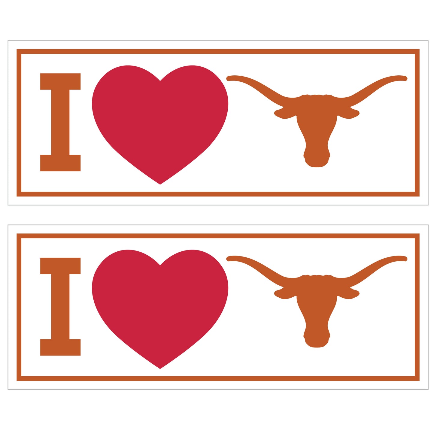 Texas Longhorns I Heart Bumper Style Decal, 2 pack