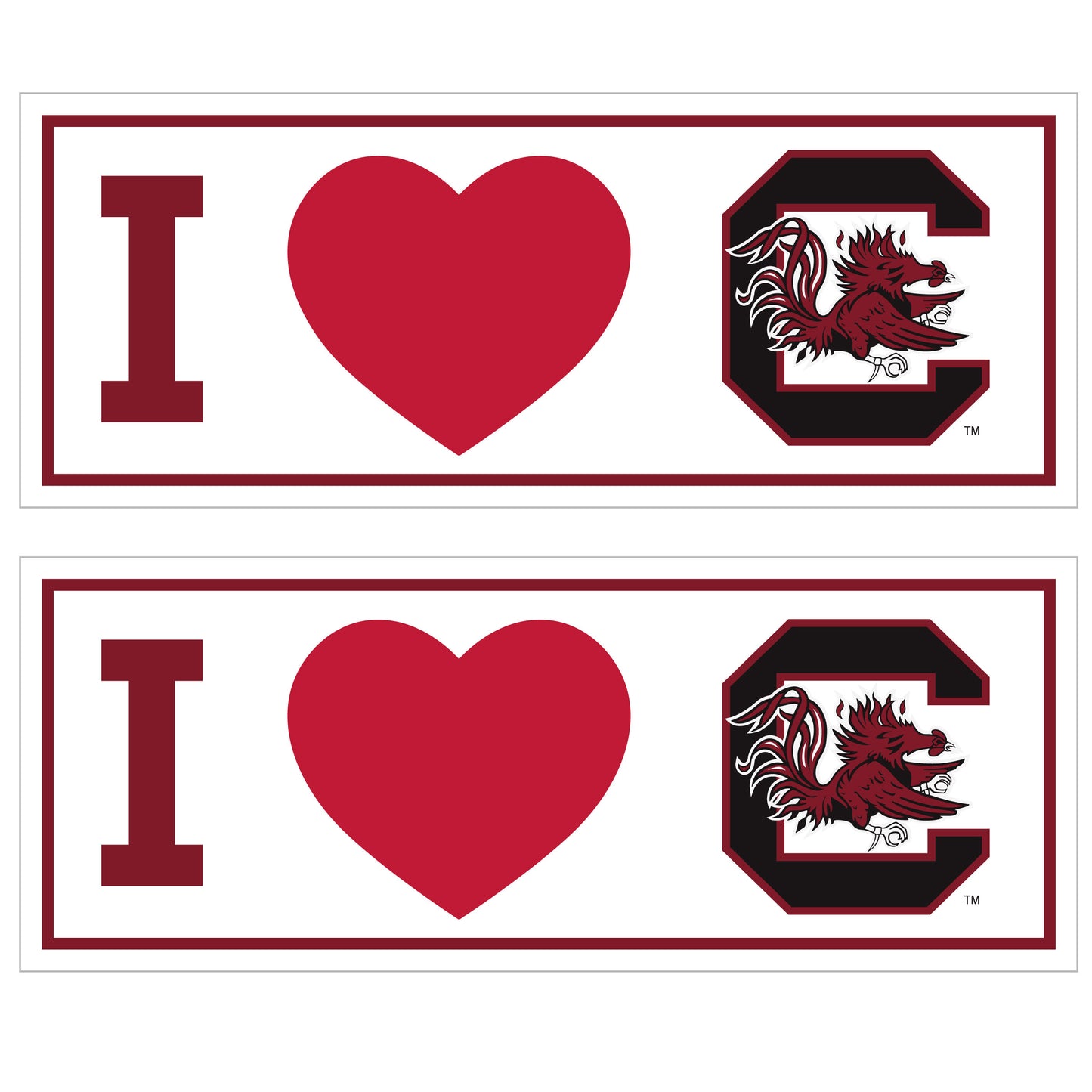S. Carolina Gamecocks I Heart Bumper Style Decal, 2 pack