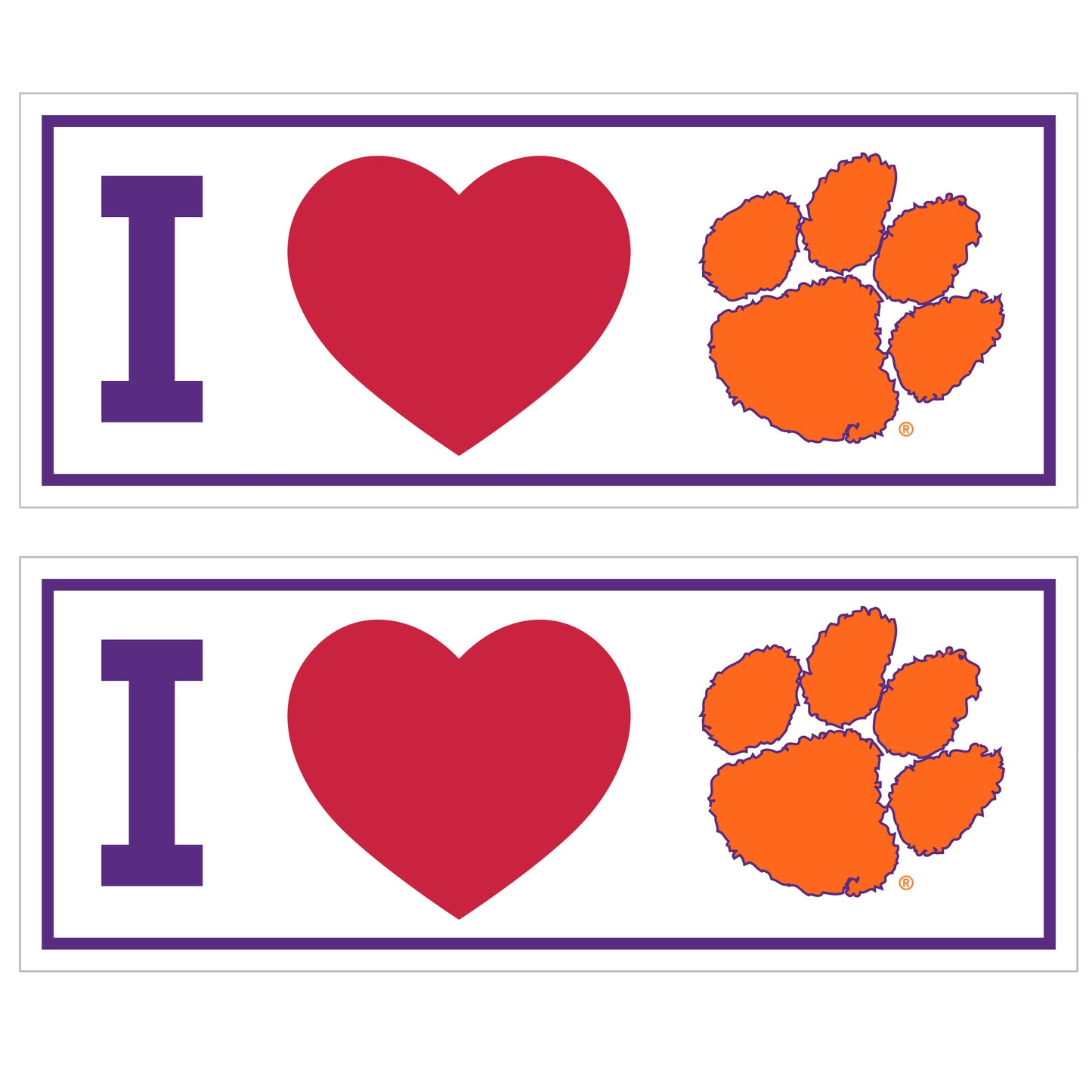 Clemson Tigers I Heart Bumper Style Decal, 2 pack