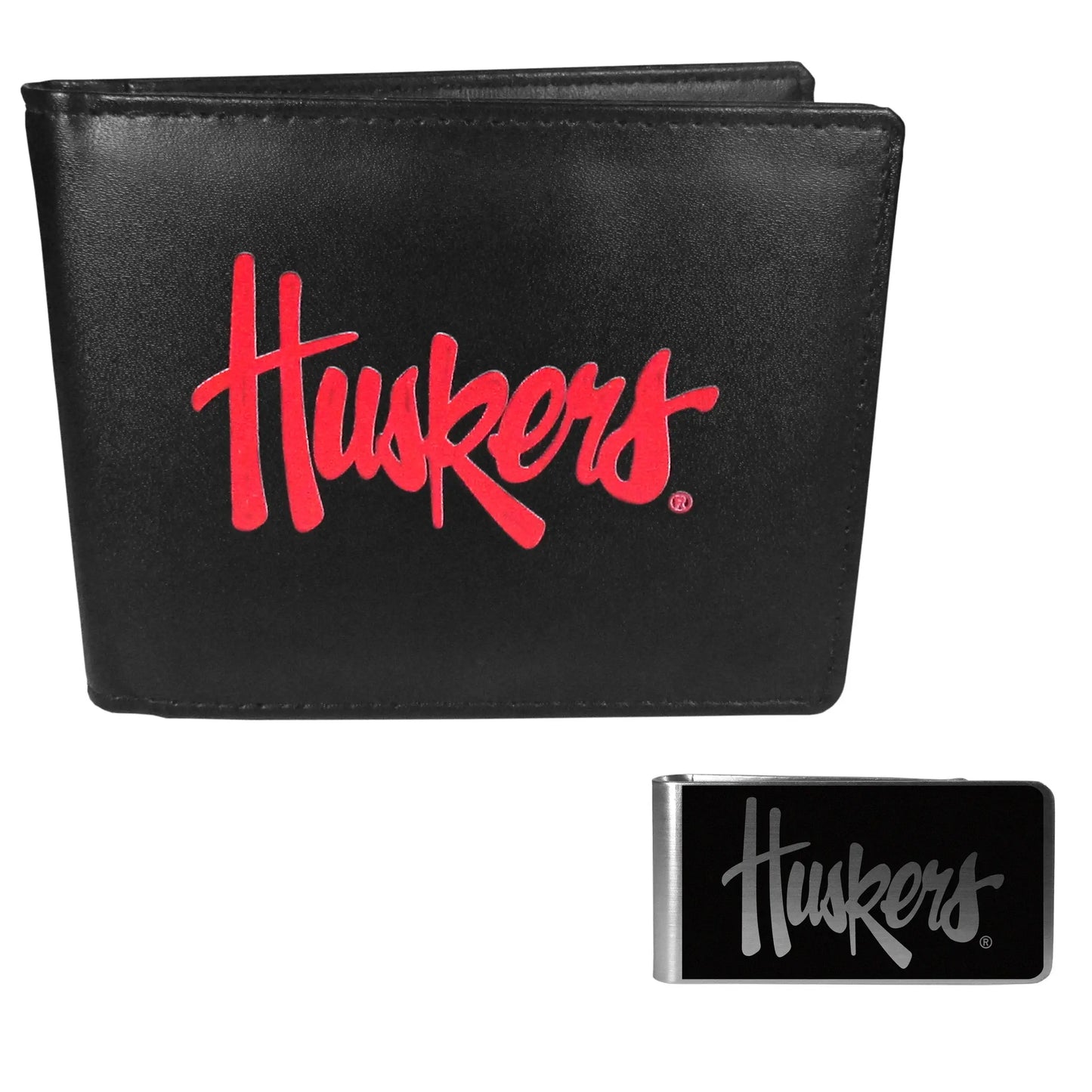 Nebraska Cornhuskers Leather Bi-fold Wallet & Black Money Clip - Nebraska Cornhuskers - Flyclothing LLC