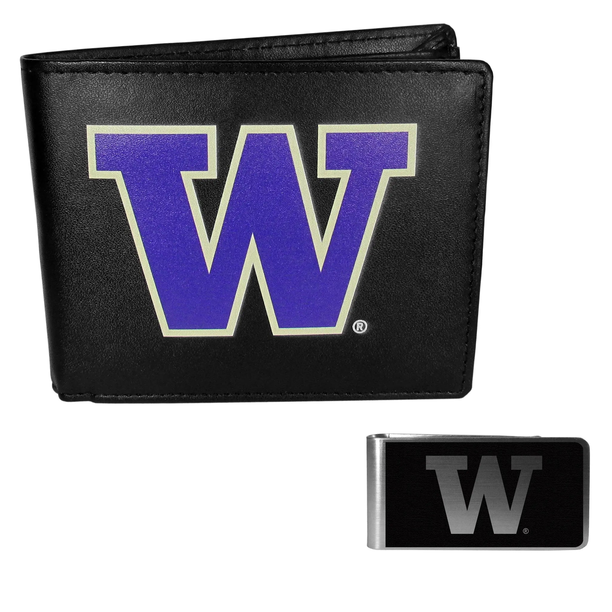 Washington Huskies Leather Bi-fold Wallet & Black Money Clip - Washington Huskies - Flyclothing LLC