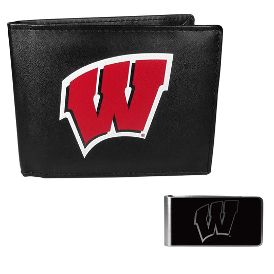 Wisconsin Badgers Leather Bi-fold Wallet & Black Money Clip - Wisconsin Badgers - Flyclothing LLC