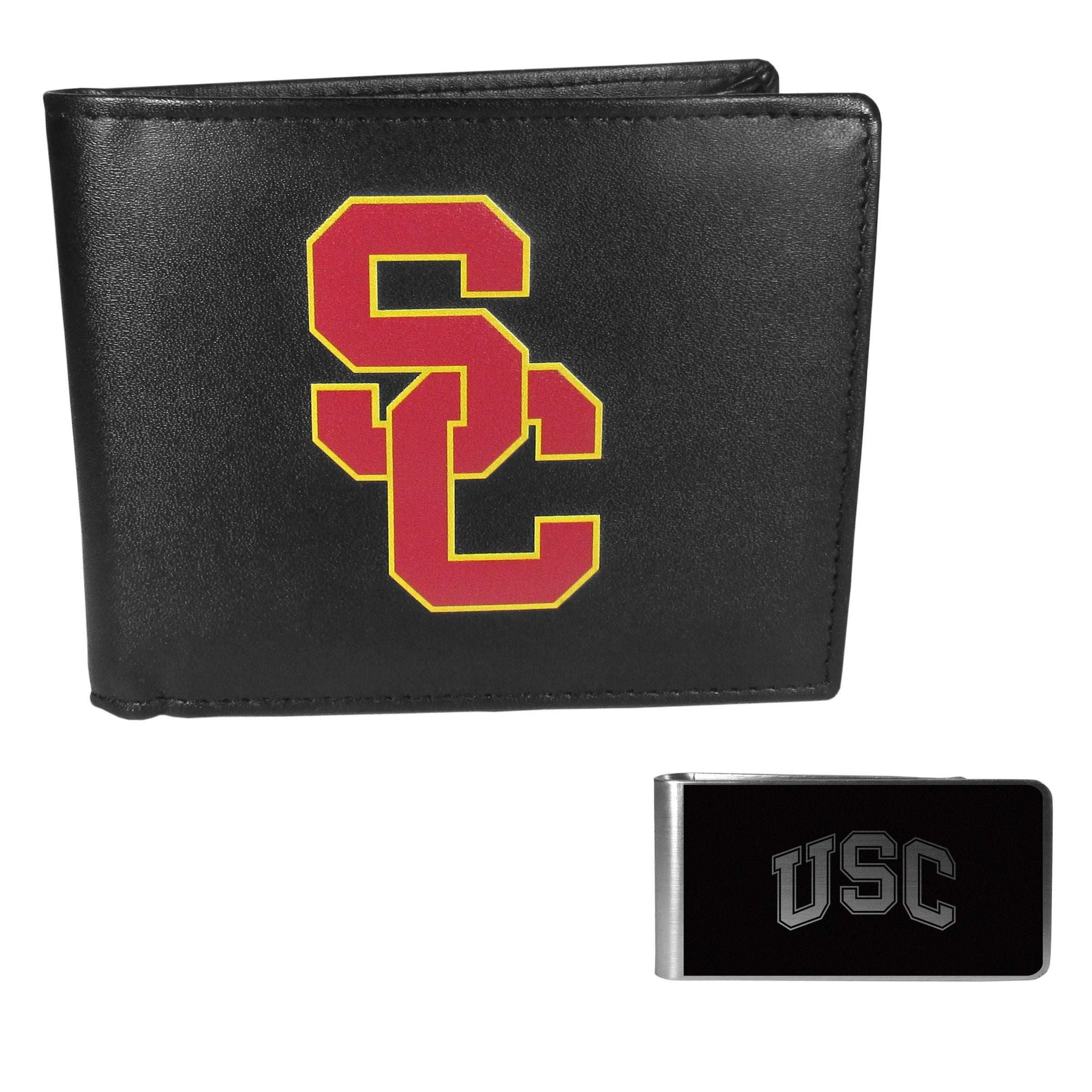 USC Trojans Leather Bi-fold Wallet & Black Money Clip - USC Trojans - Flyclothing LLC