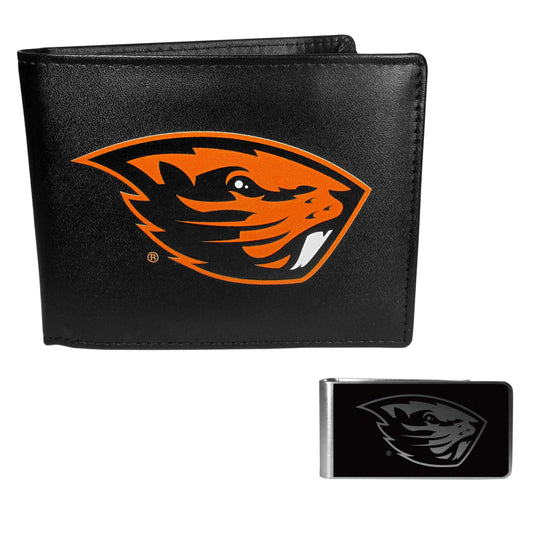 Oregon St. Beavers Leather Bi-fold Wallet & Black Money Clip - Oregon St. Beavers - Flyclothing LLC