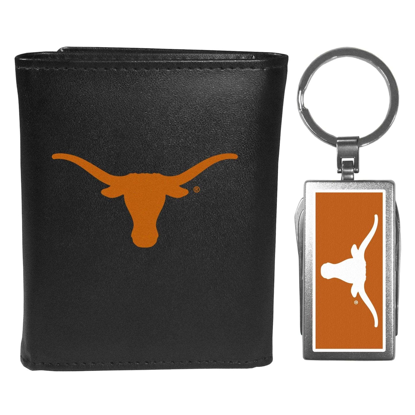 Texas Longhorns Leather Tri-fold Wallet & Multitool Key Chain, Black - Texas Longhorns - Flyclothing LLC