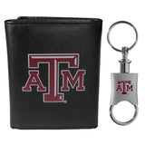 Texas A & M Aggies Leather Tri-fold Wallet & Valet Key Chain - Texas A & M Aggies