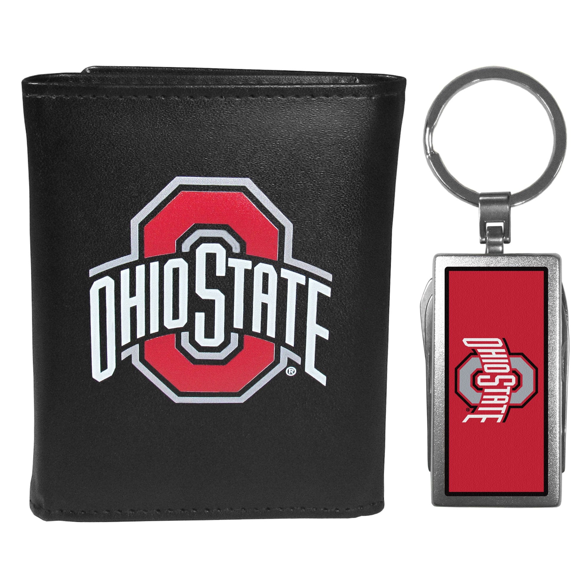 Ohio St. Buckeyes Leather Tri-fold Wallet & Multitool Key Chain, Black - Ohio St. Buckeyes