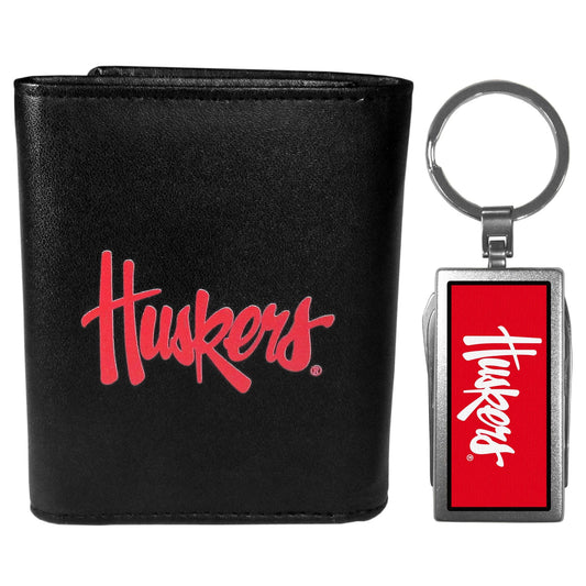 Nebraska Cornhuskers Leather Tri-fold Wallet & Multitool Key Chain, Black - Nebraska Cornhuskers