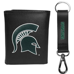 Michigan St. Spartans Leather Tri-fold Wallet & Strap Key Chain