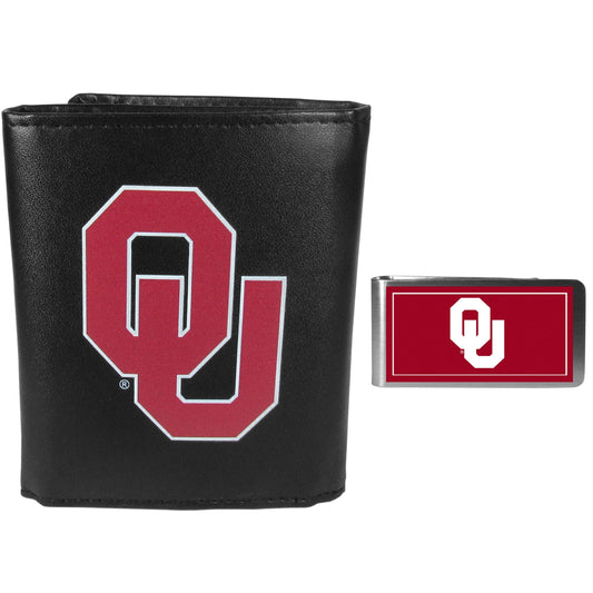 Oklahoma Sooners Leather Tri-fold Wallet & Color Money Clip - Oklahoma Sooners