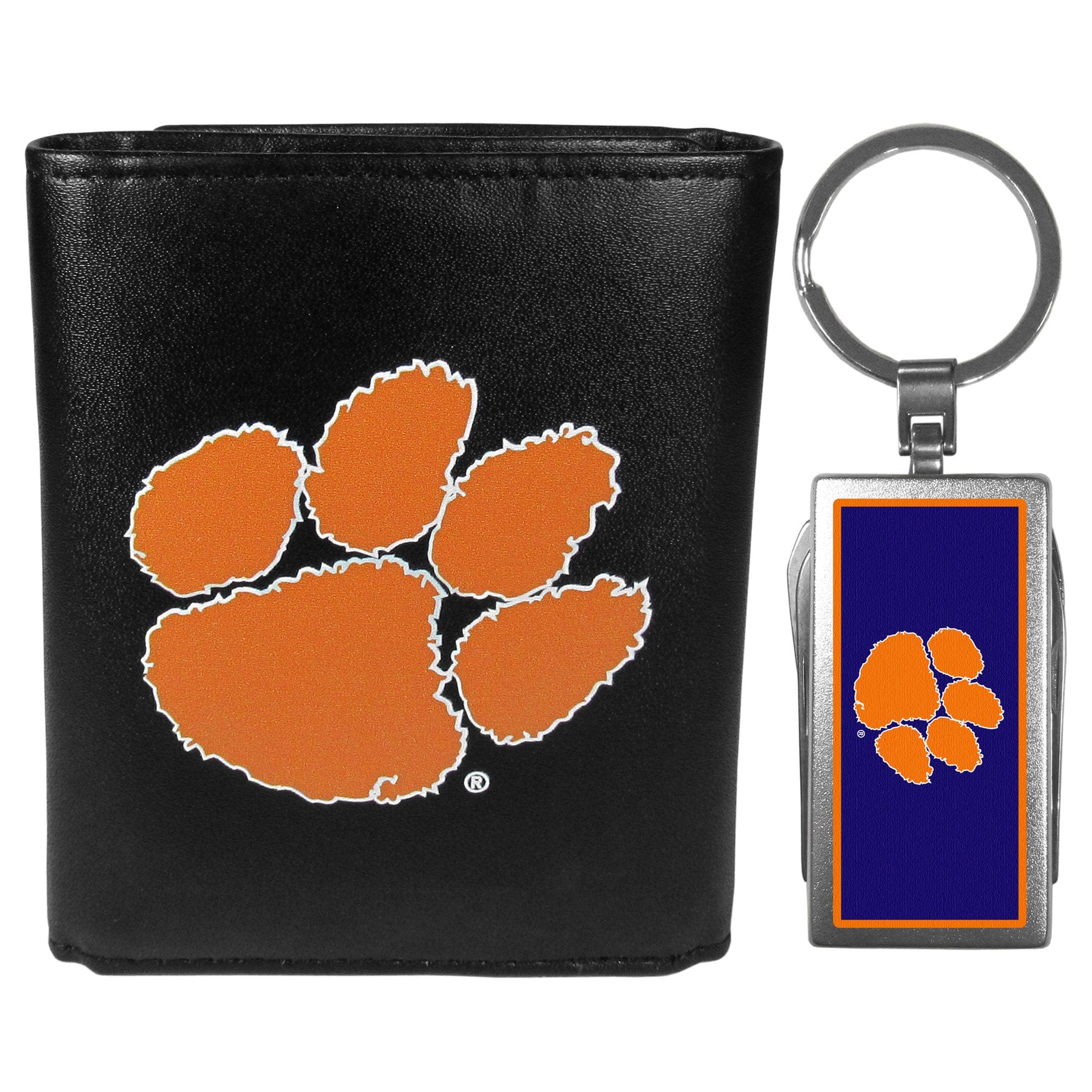 Clemson Tigers Leather Tri-fold Wallet & Multitool Key Chain, Black - Clemson Tigers