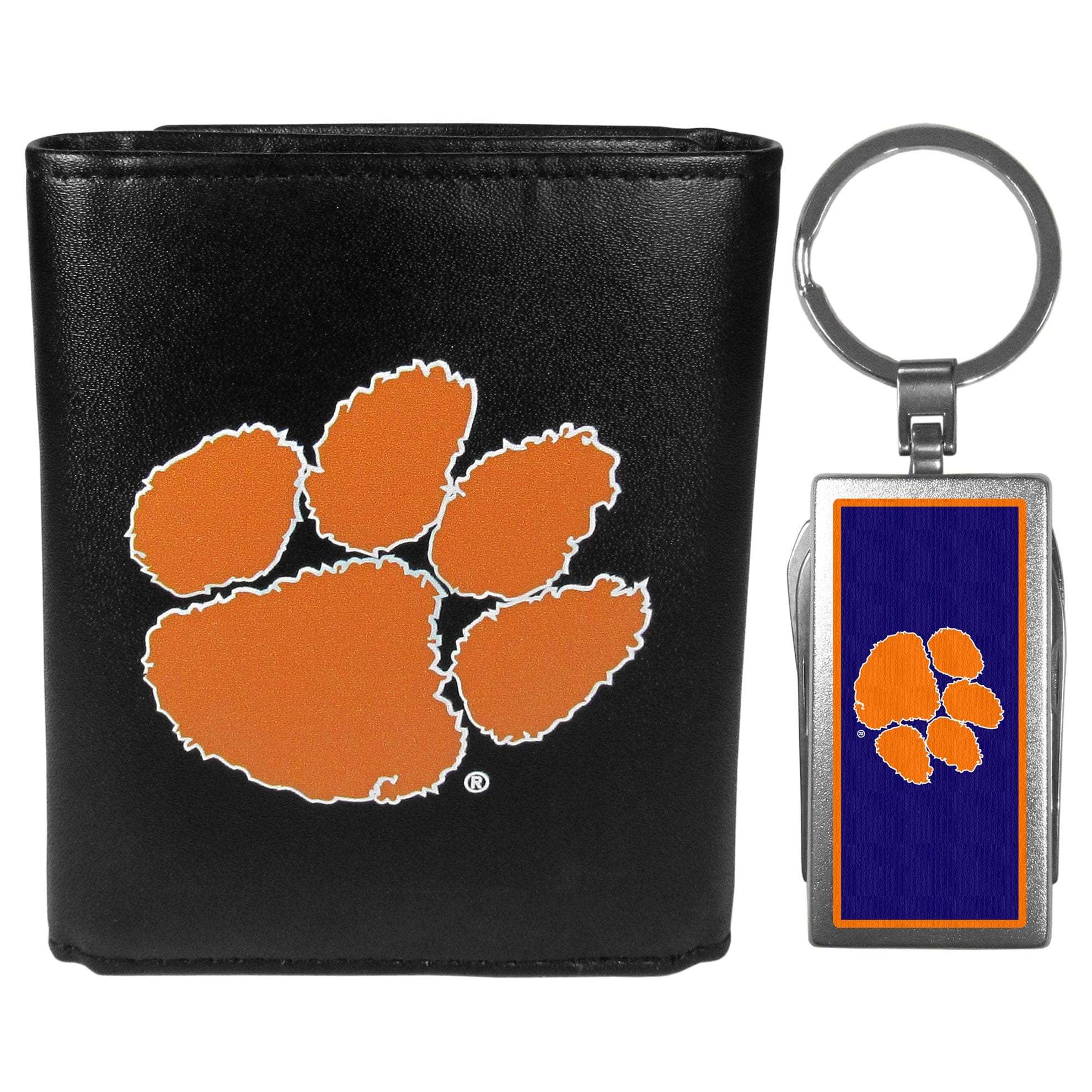 Clemson Tigers Leather Tri-fold Wallet & Multitool Key Chain, Black - Clemson Tigers - Flyclothing LLC