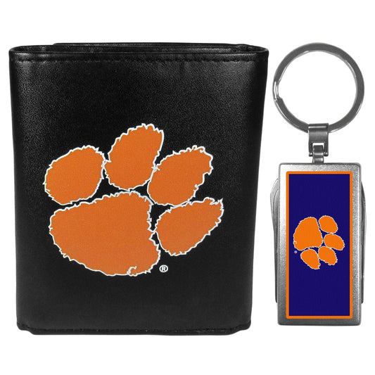 Clemson Tigers Leather Tri-fold Wallet & Multitool Key Chain, Black - Clemson Tigers