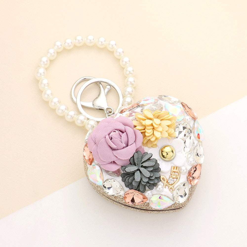 Floral Pearl Multi Bead Embellished Heart Compact Mirror / Keychain - Madeline Love - Flyclothing LLC