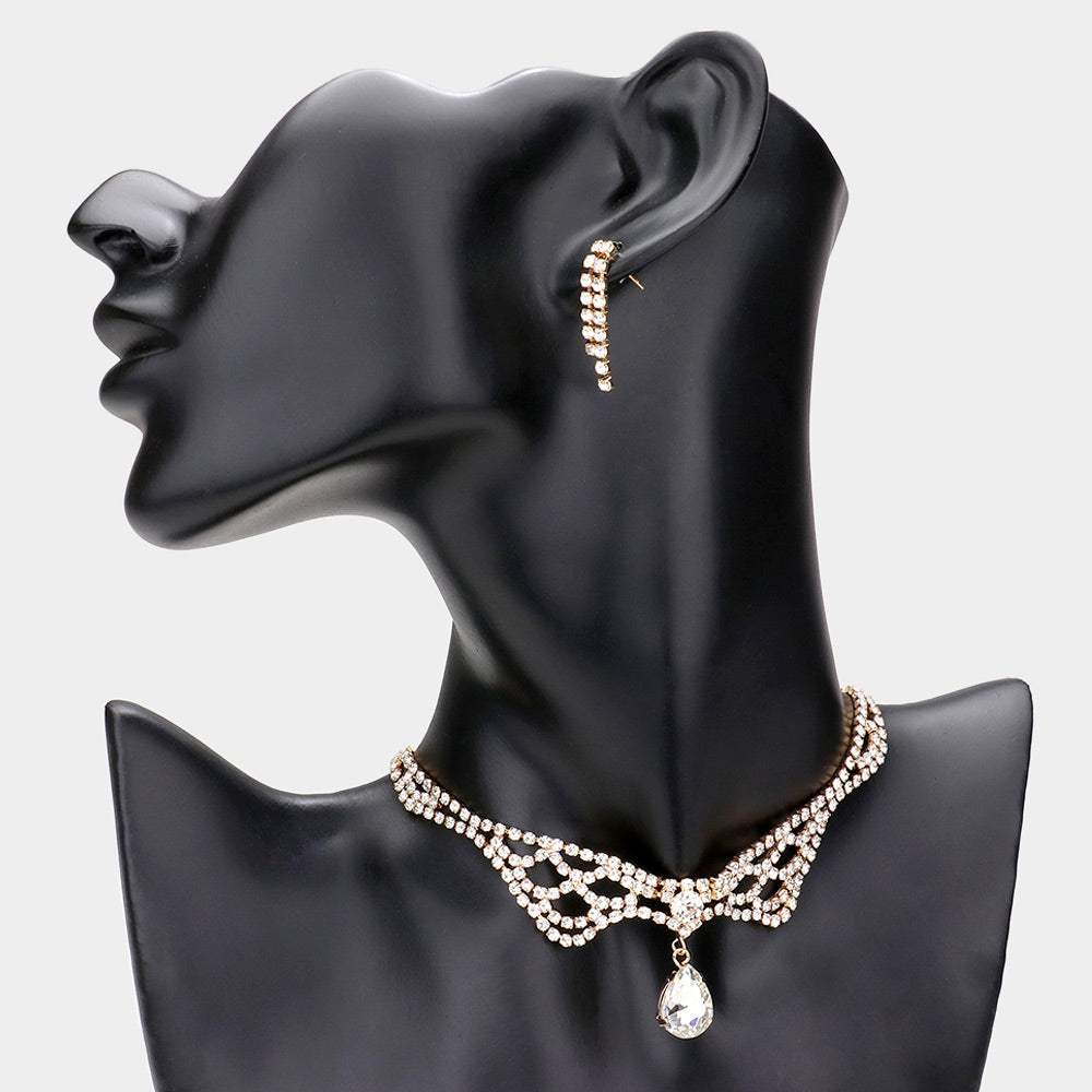 Teardrop Stone Dangle Rhinestone Choker Necklace - Madeline Love - Flyclothing LLC
