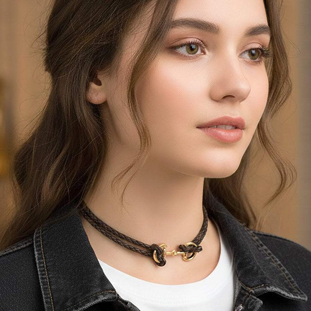 Metal Link Accent Braided Cord Choker Necklace - Madeline Love - Flyclothing LLC