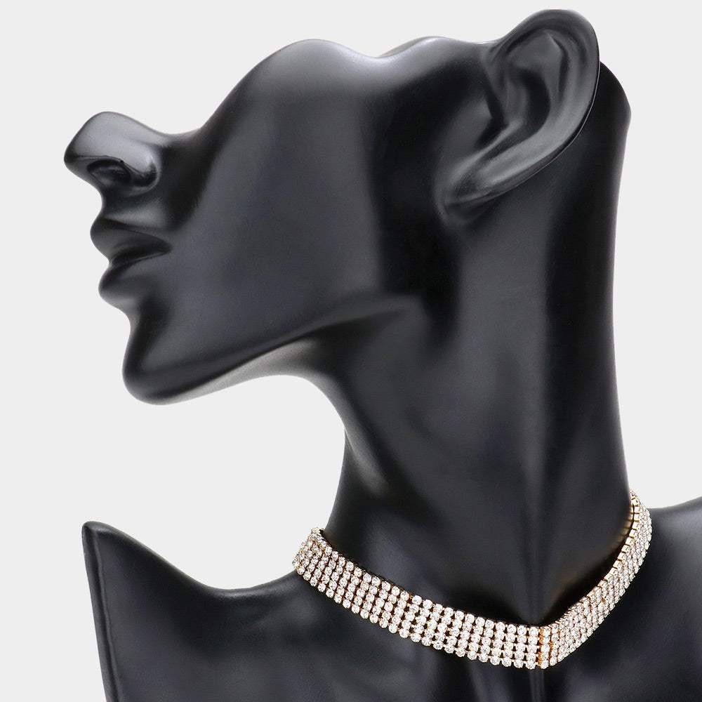 5-Row Rhinestone Pave Evening Choker Necklace - Madeline Love - Flyclothing LLC