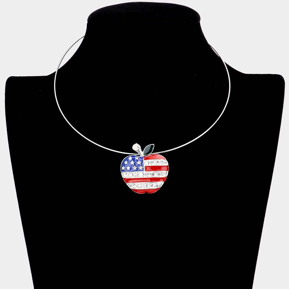 American USA Flag Apple Open Choker Necklace / Brooch / Pendant Set - Madeline Love - Flyclothing LLC